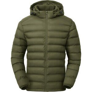 Men’s Green 100% Nylon Hooded Zip-Up Lightweight Warm Winter Puffer Jacket